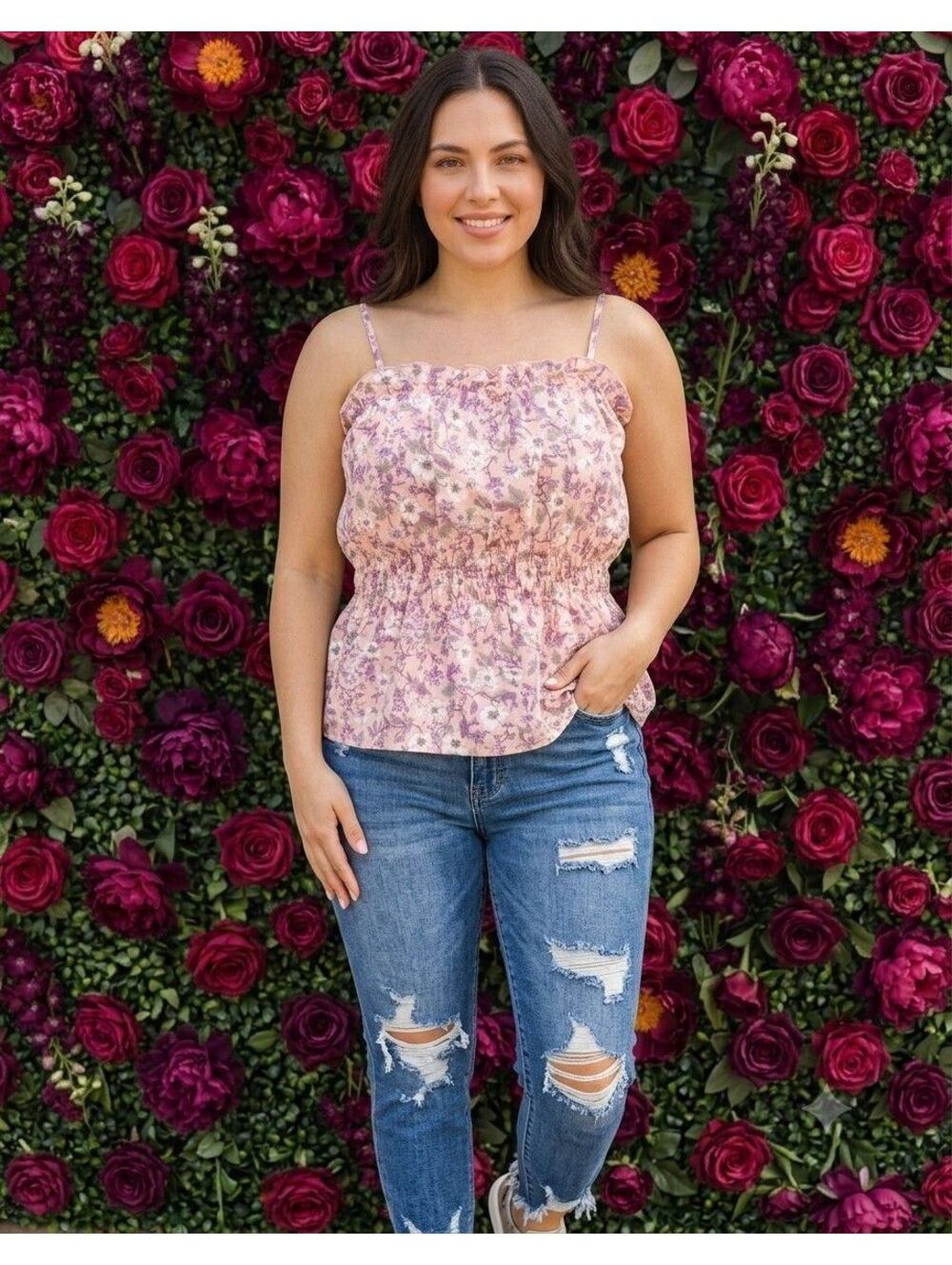 C2. Floral spaghetti strap smocked top